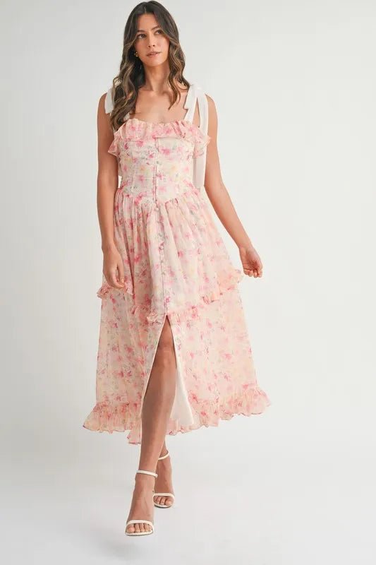 MABLE Floral Printed Shoulder Strap Midi Dress