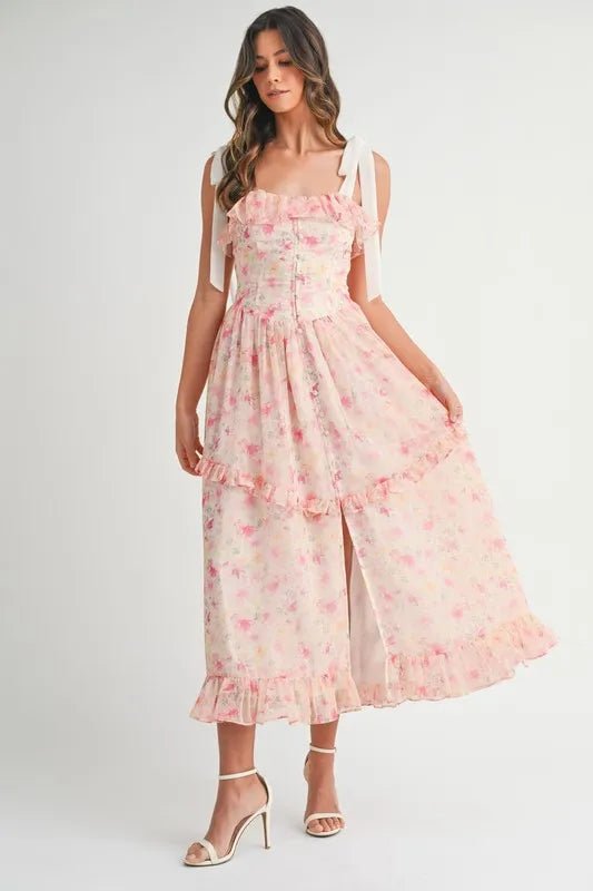 MABLE Floral Printed Shoulder Strap Midi Dress