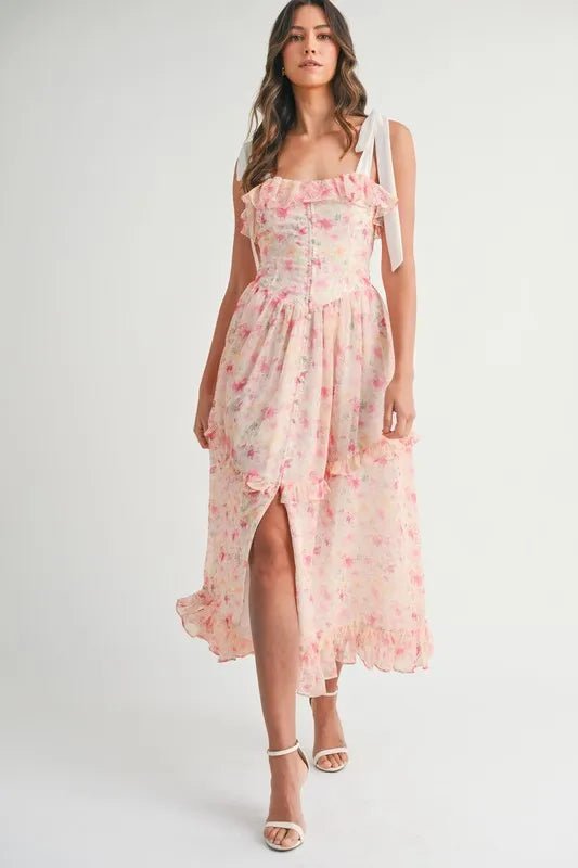 MABLE Floral Printed Shoulder Strap Midi Dress