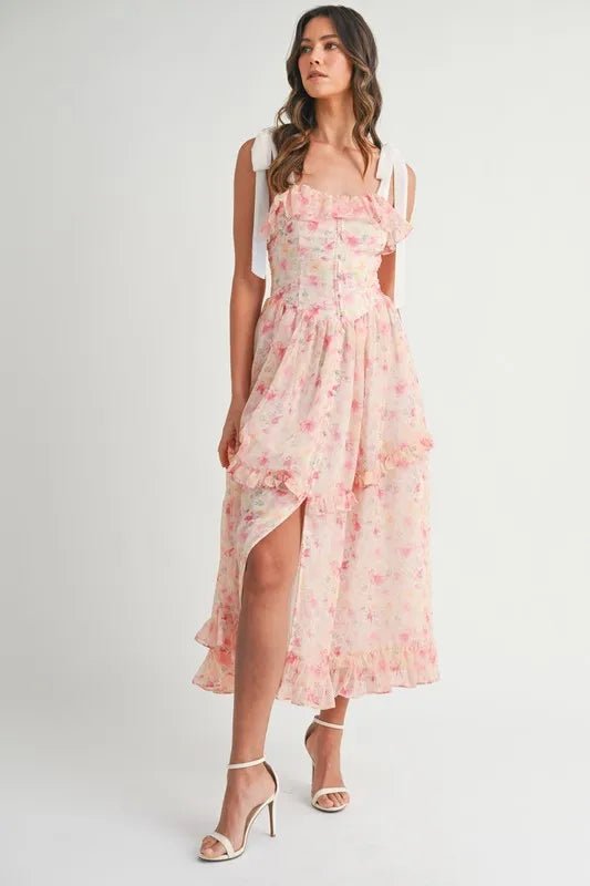 MABLE Floral Printed Shoulder Strap Midi Dress