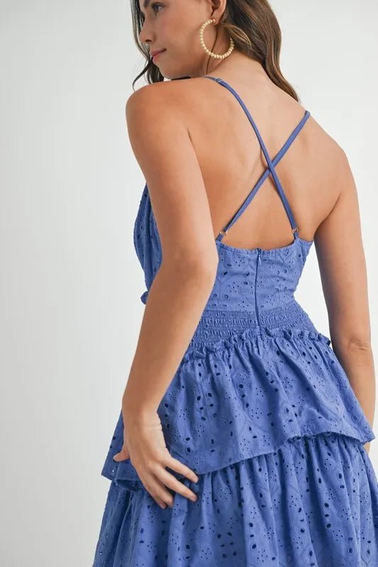 MABLE Lace Eyelet Ruffle Mini Dress With Front Cutout