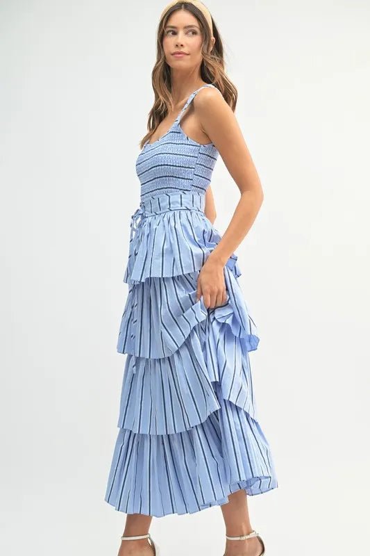 MABLE Pin Stripe Smocked Bodice Layered Midi Dress