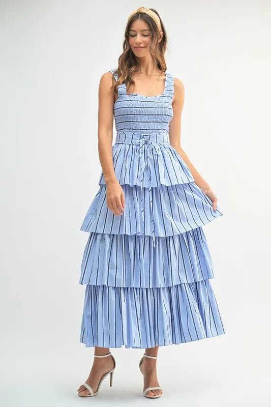MABLE Pin Stripe Smocked Bodice Layered Midi Dress