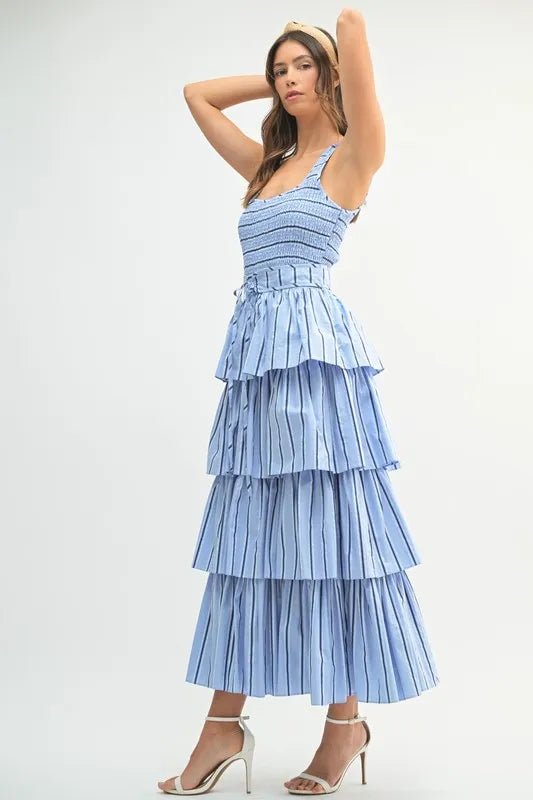 MABLE Pin Stripe Smocked Bodice Layered Midi Dress