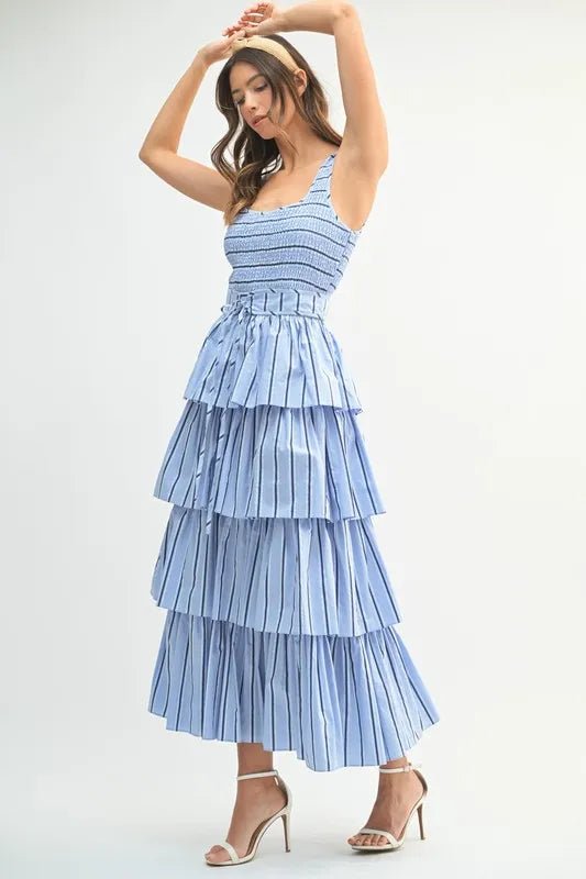 MABLE Pin Stripe Smocked Bodice Layered Midi Dress