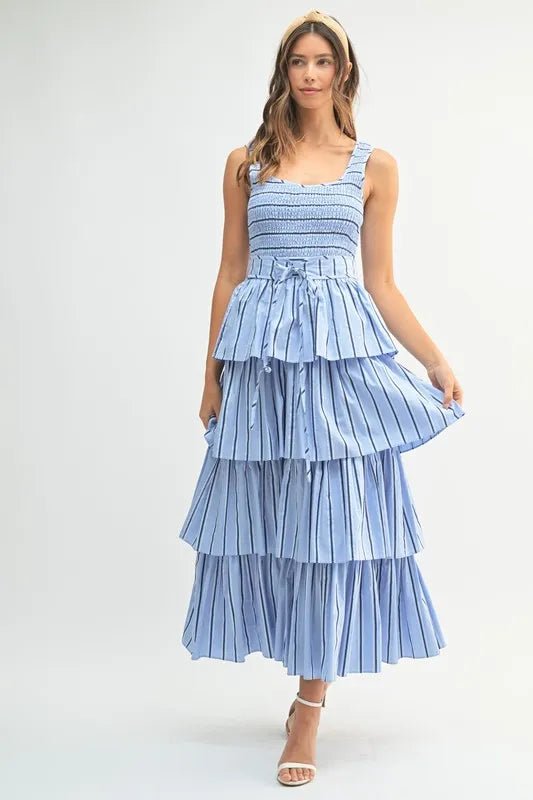 MABLE Pin Stripe Smocked Bodice Layered Midi Dress