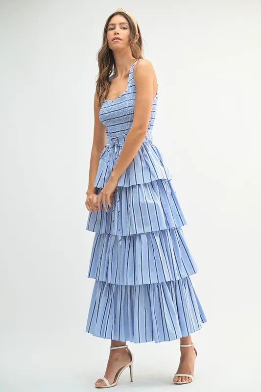 MABLE Pin Stripe Smocked Bodice Layered Midi Dress