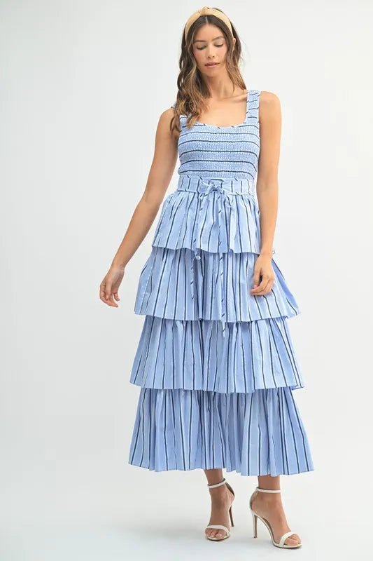MABLE Pin Stripe Smocked Bodice Layered Midi Dress