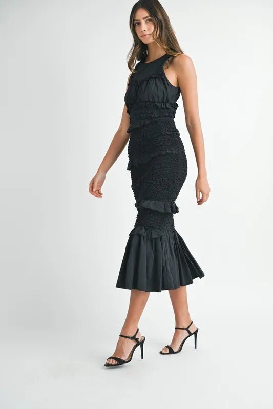 MABLE Ruffled Popcorn Smocked Mermaid Midi Dress