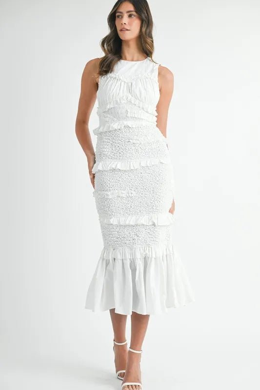 MABLE Ruffled Popcorn Smocked Mermaid Midi Dress
