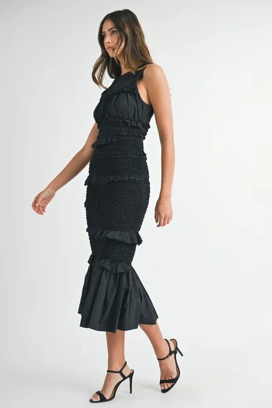 MABLE Ruffled Popcorn Smocked Mermaid Midi Dress
