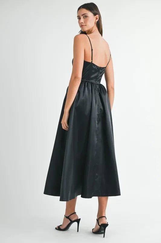 MABLE Solid Taffeta Spaghetti Strap Bustier Midi Dress
