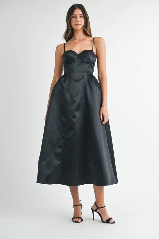 MABLE Solid Taffeta Spaghetti Strap Bustier Midi Dress