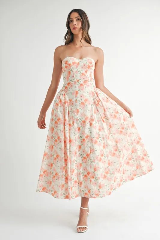 MABLE Sweetheart Neckline Floral Printed Midi Dress