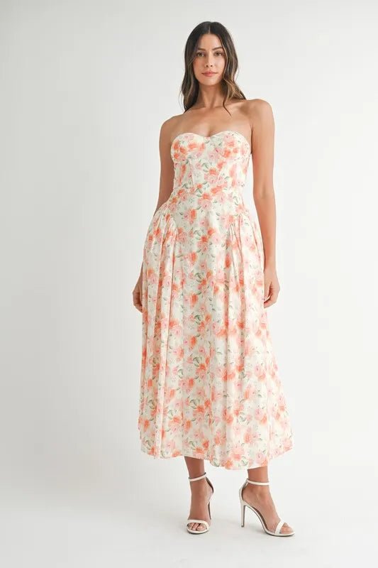 MABLE Sweetheart Neckline Floral Printed Midi Dress