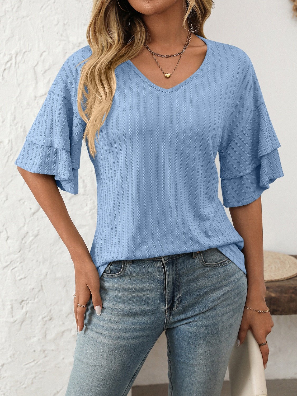 Mandy V - Neck Ruffle Half Sleeve Top