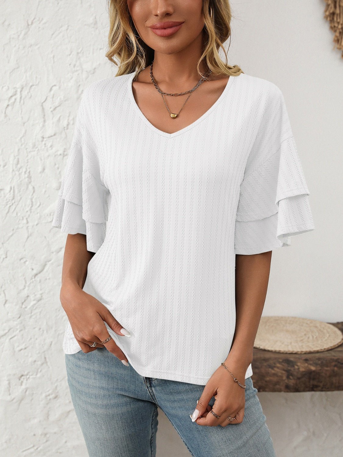 Mandy V - Neck Ruffle Half Sleeve Top