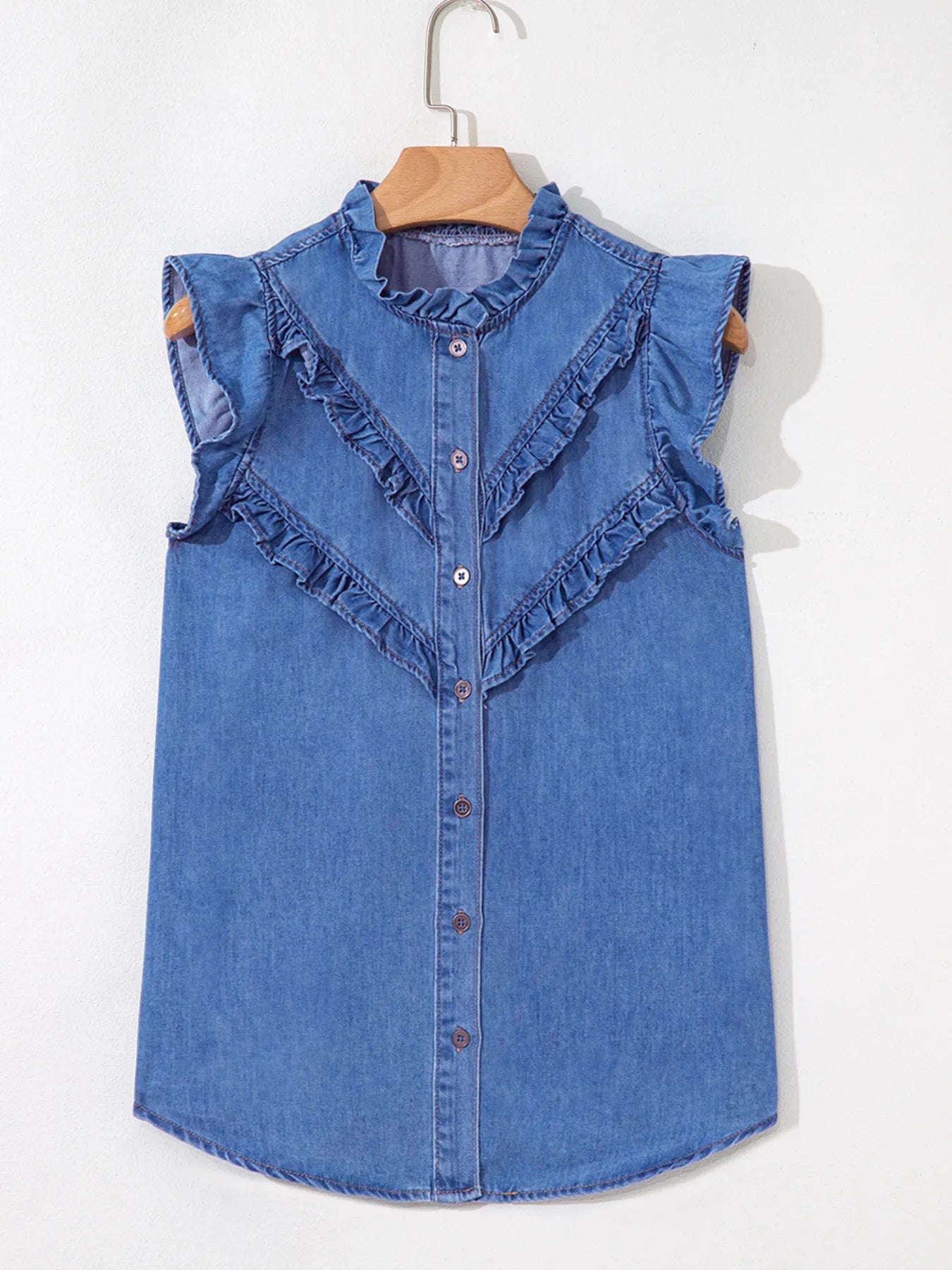 Mineral Wash Cap Sleeve Frilled Button Up Denim Shirt