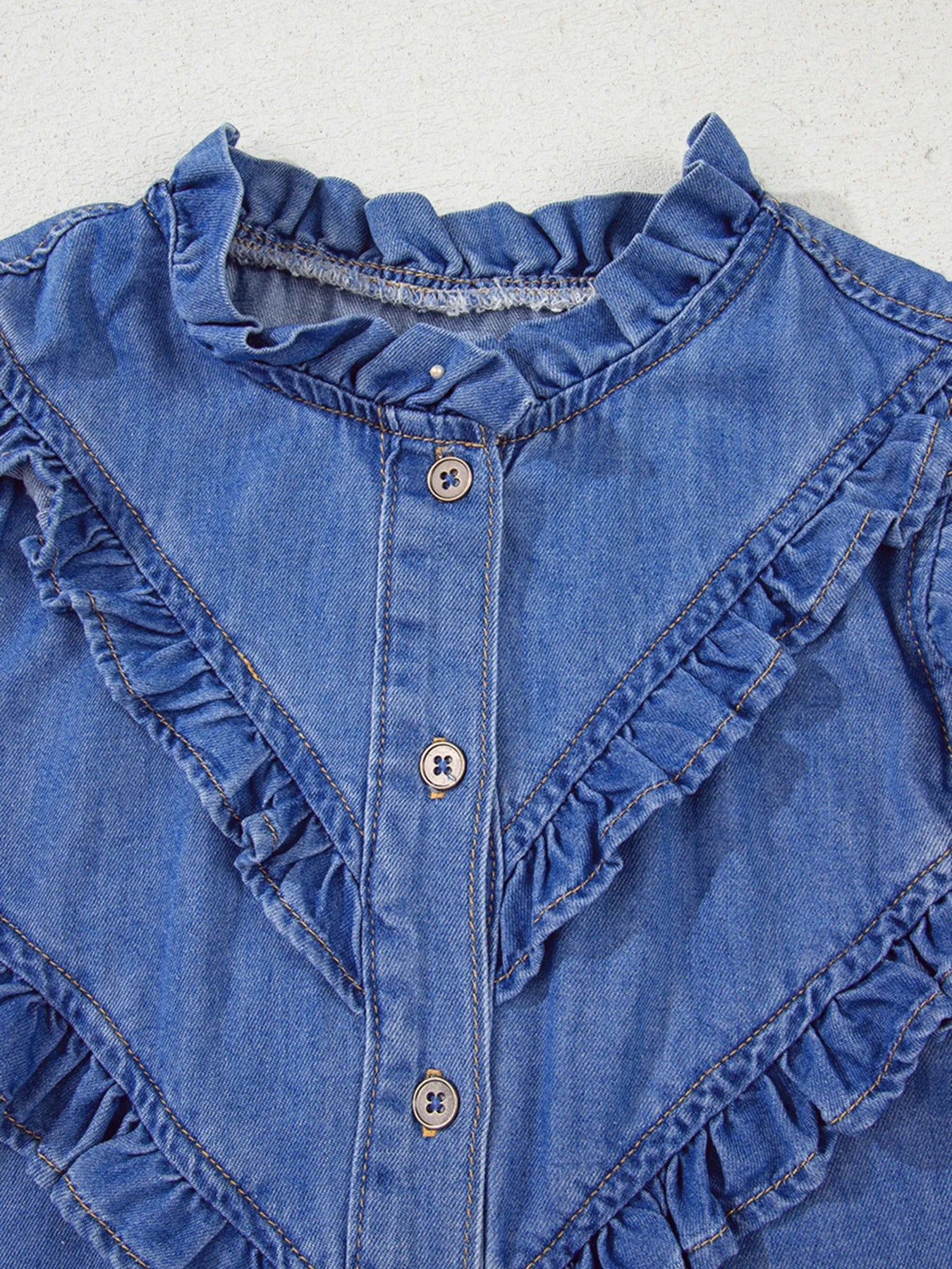Mineral Wash Cap Sleeve Frilled Button Up Denim Shirt