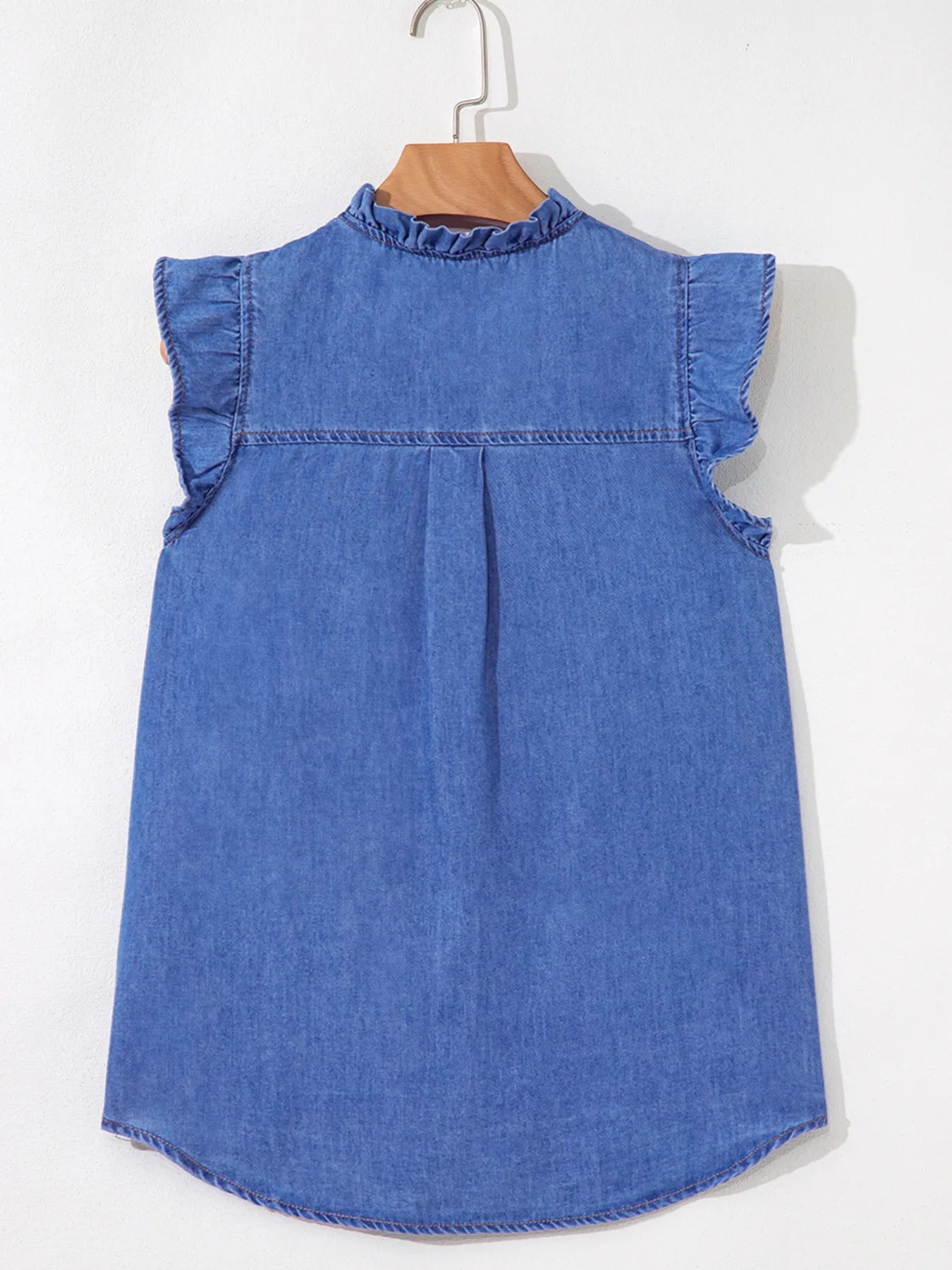 Mineral Wash Cap Sleeve Frilled Button Up Denim Shirt