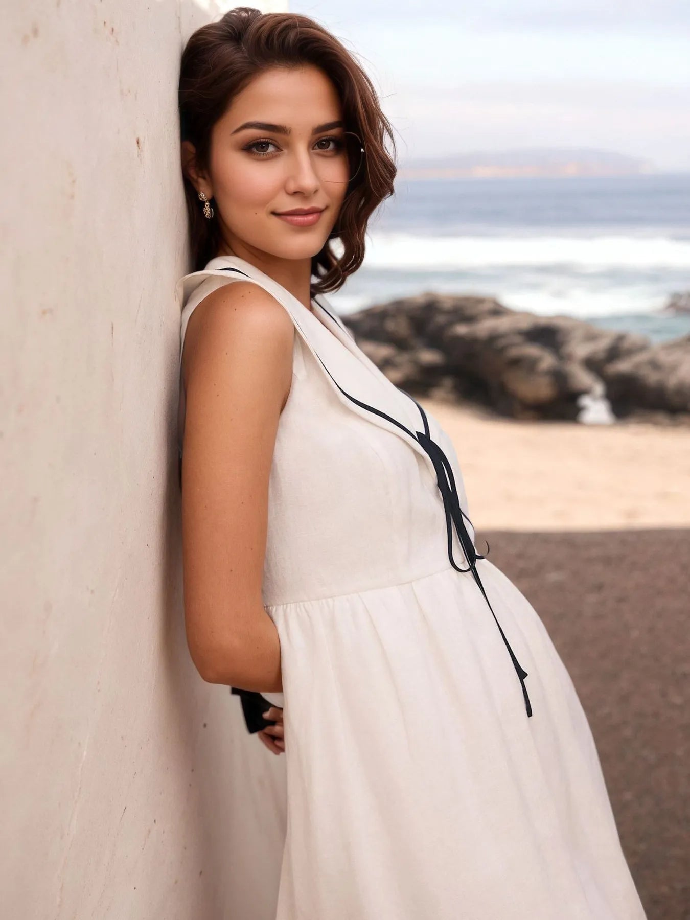 Nautical V - Neck Sleeveless Midi Dress with Contrast Trim