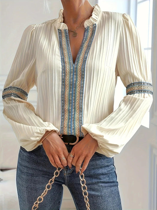 Notched Textured Balloon Sleeve Blouse