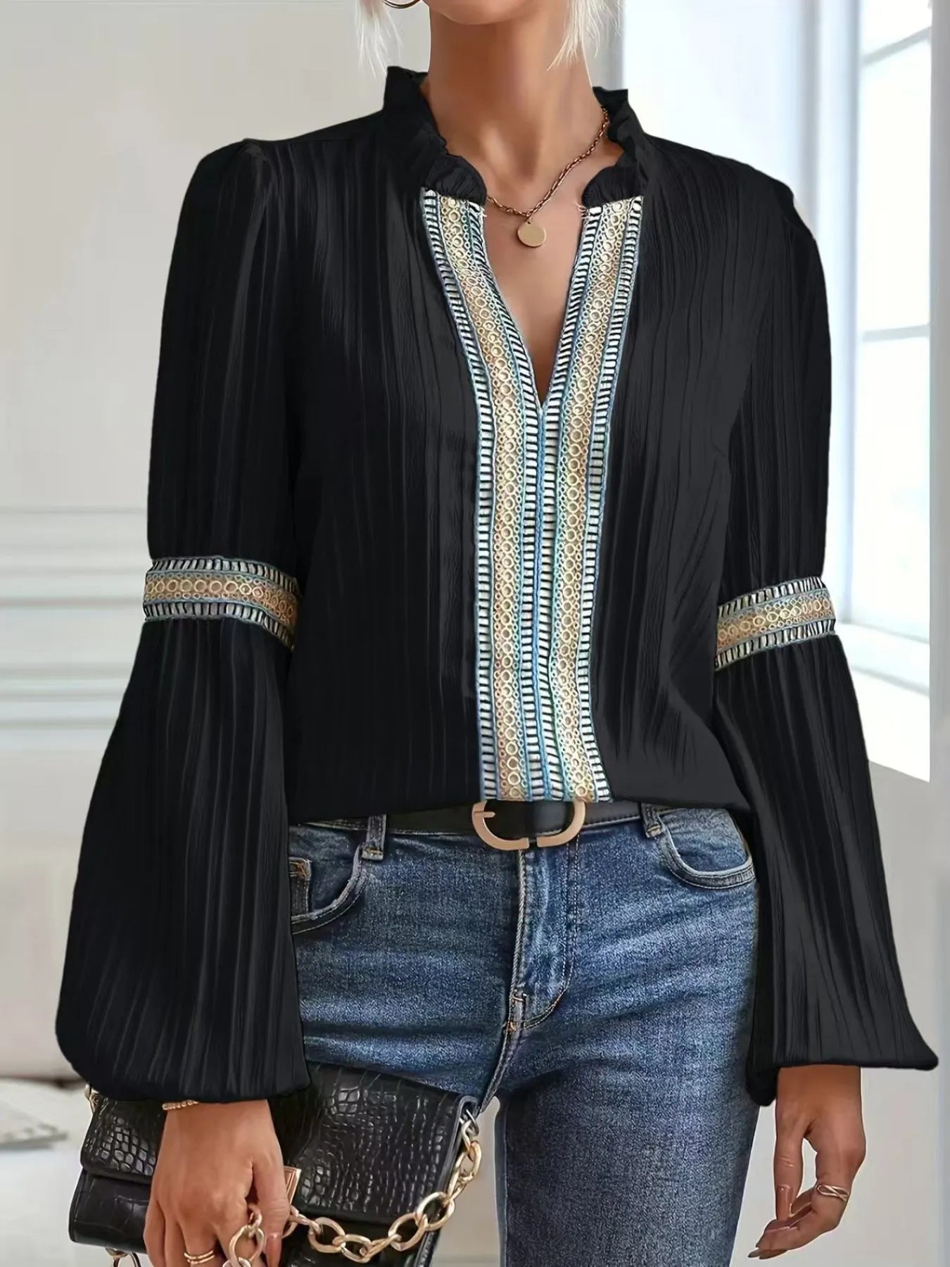 Notched Textured Balloon Sleeve Blouse