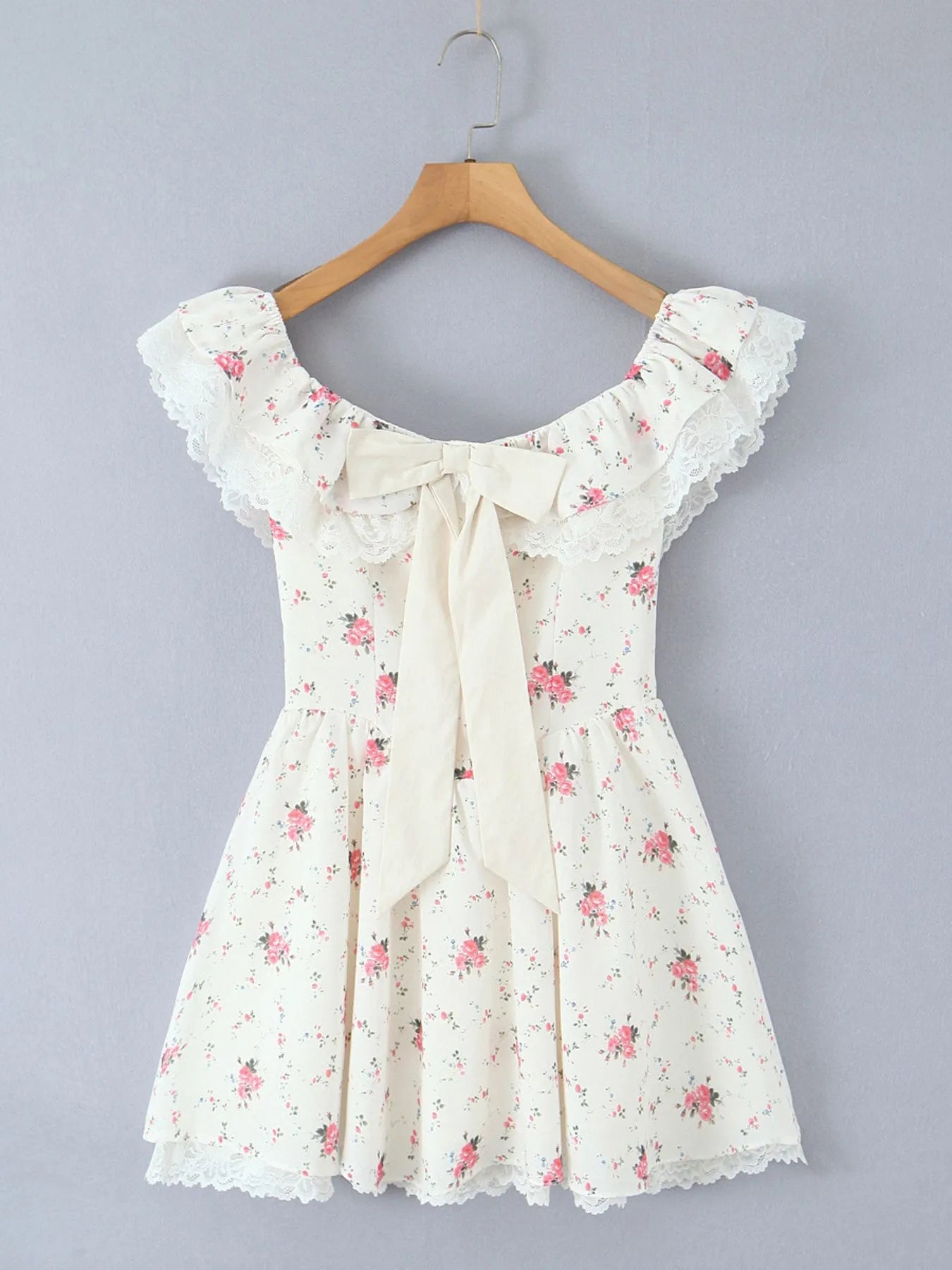 Off - Shoulder Floral Lace Trim Mini Dress