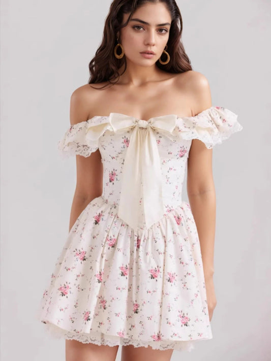 Off - Shoulder Floral Lace Trim Mini Dress