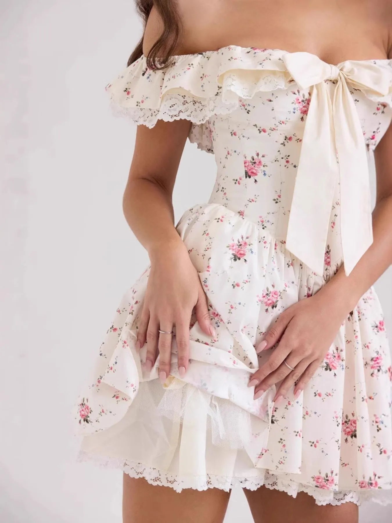 Off - Shoulder Floral Lace Trim Mini Dress