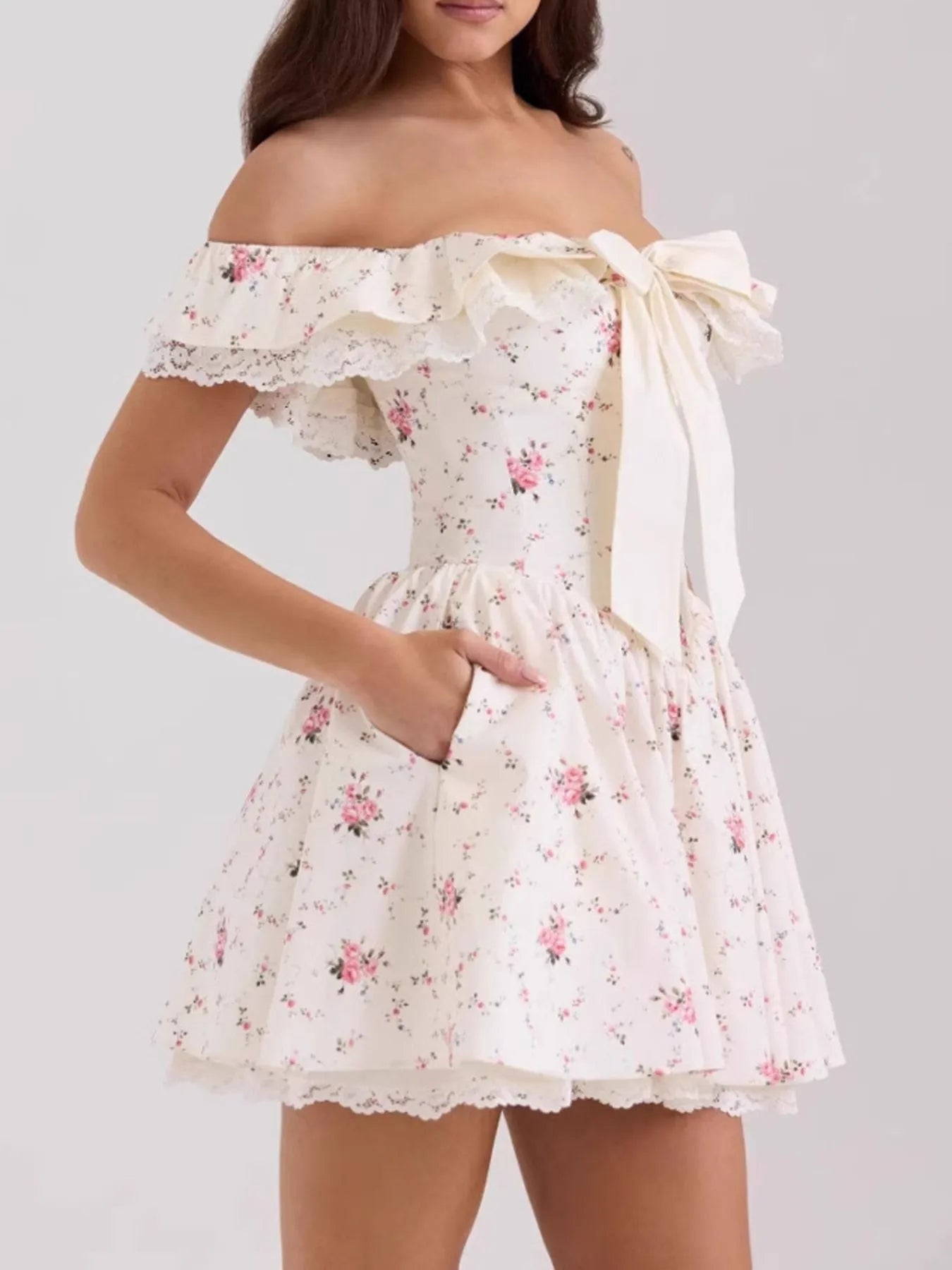 Off - Shoulder Floral Lace Trim Mini Dress