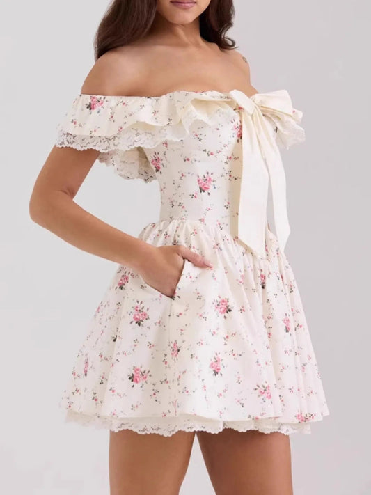 Off - Shoulder Floral Lace Trim Mini Dress