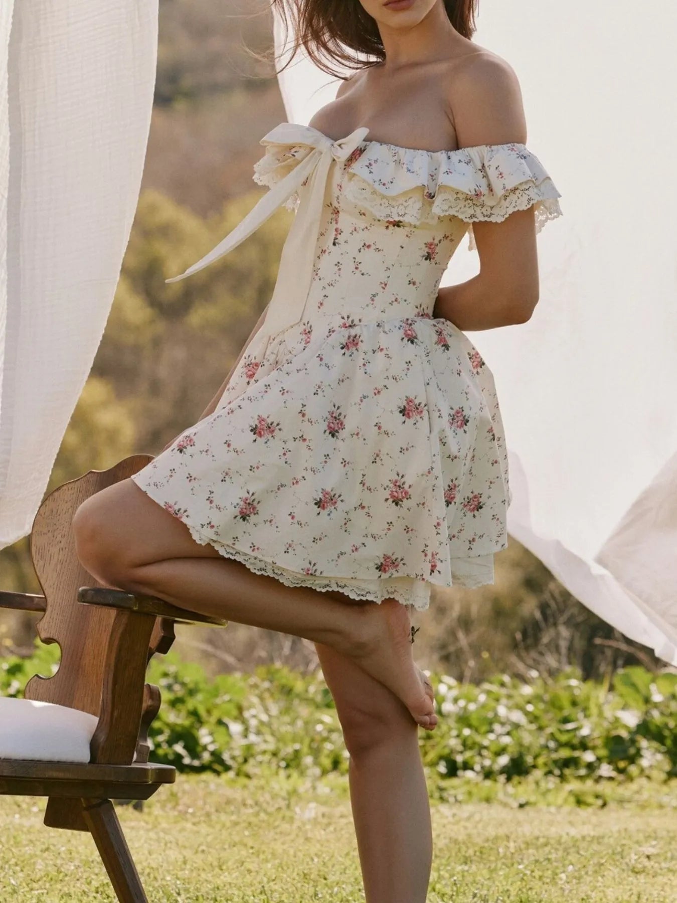 Off - Shoulder Floral Lace Trim Mini Dress