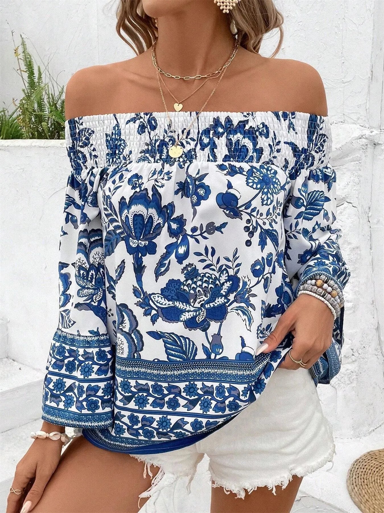 Off - Shoulder Floral Print Blouse