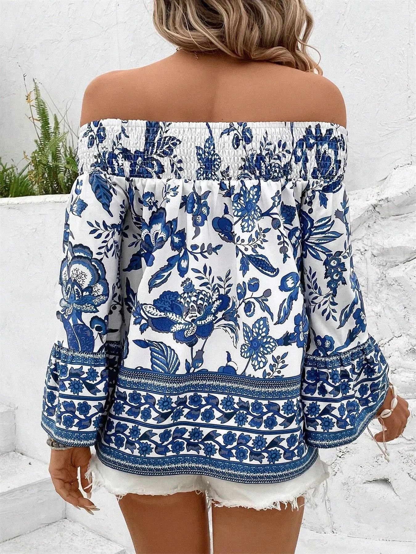 Off - Shoulder Floral Print Blouse