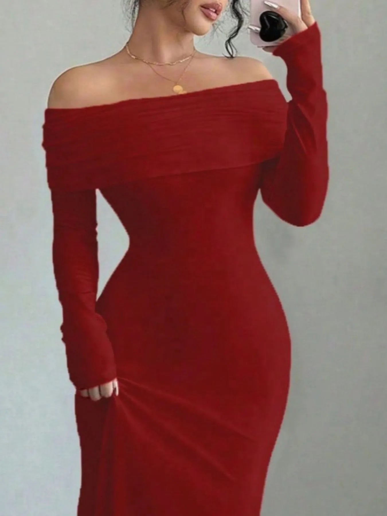 Off - Shoulder Long Sleeve Bodycon Maxi Dress