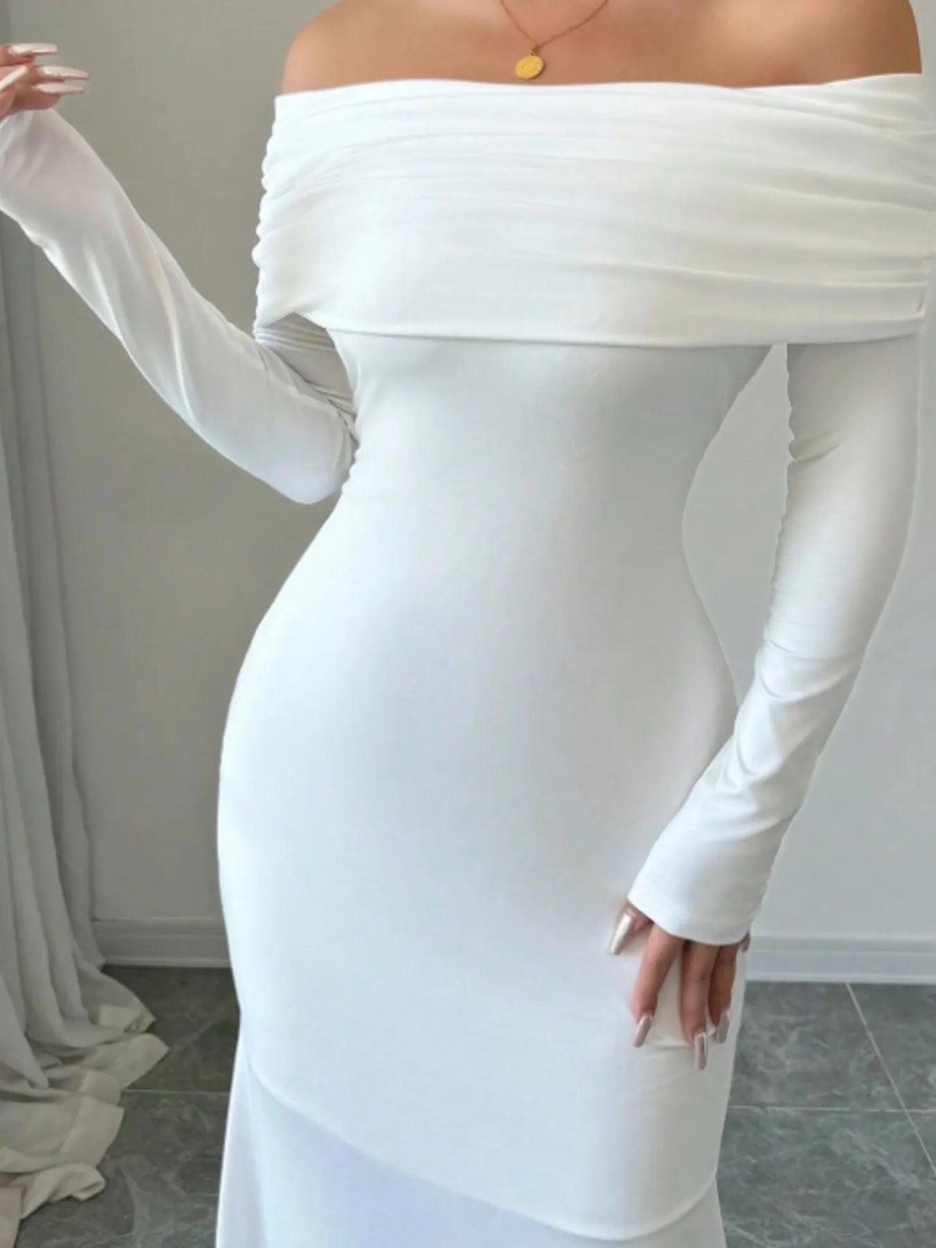 Off - Shoulder Long Sleeve Bodycon Maxi Dress
