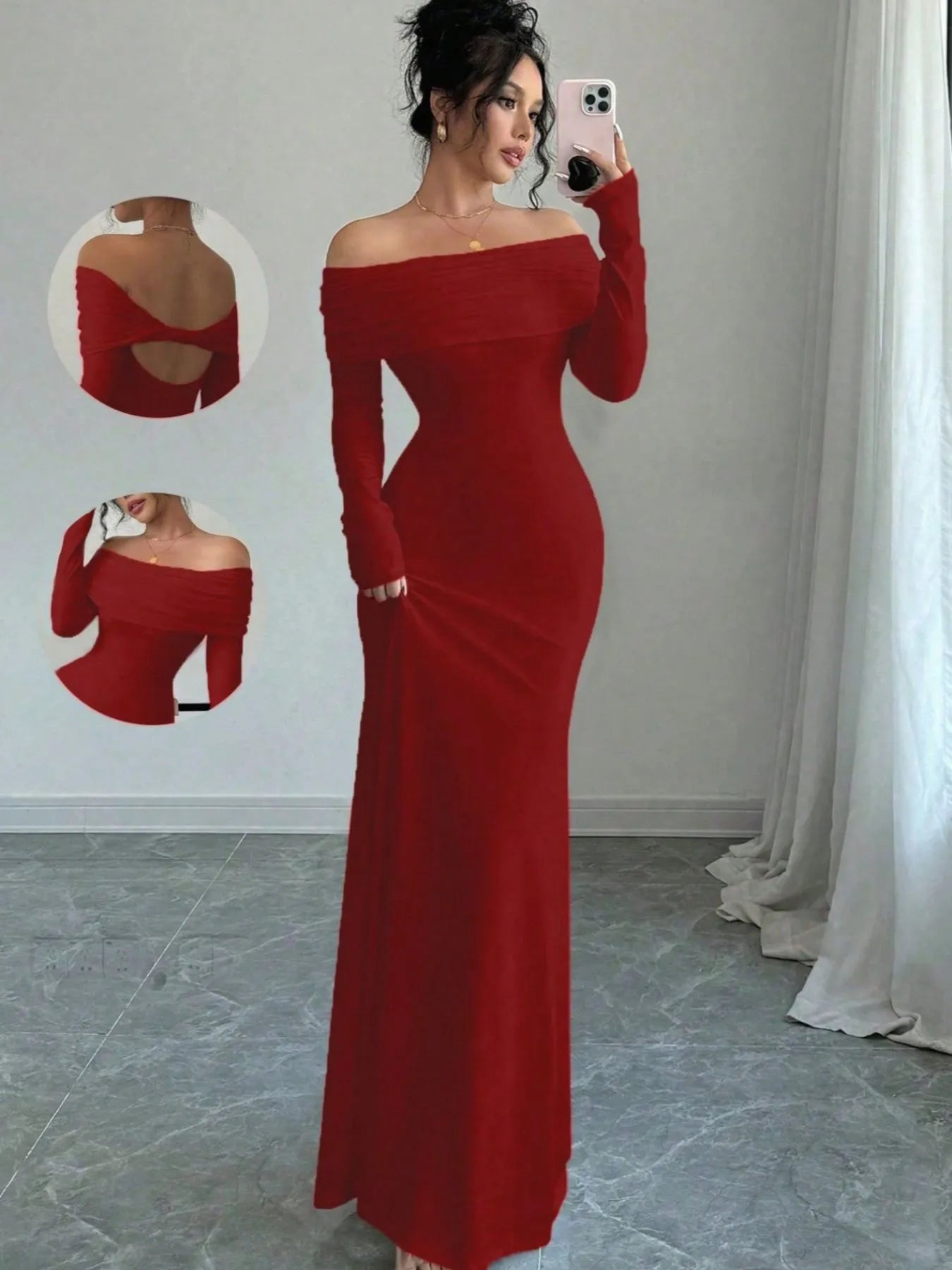 Off - Shoulder Long Sleeve Bodycon Maxi Dress