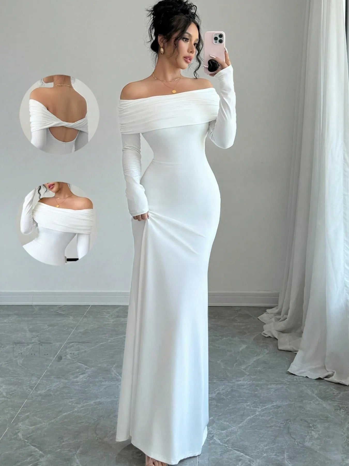 Off - Shoulder Long Sleeve Bodycon Maxi Dress
