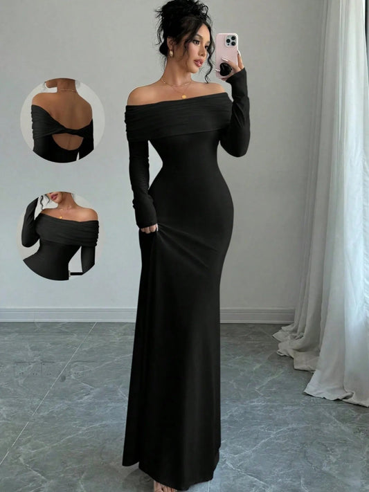 Off - Shoulder Long Sleeve Bodycon Maxi Dress