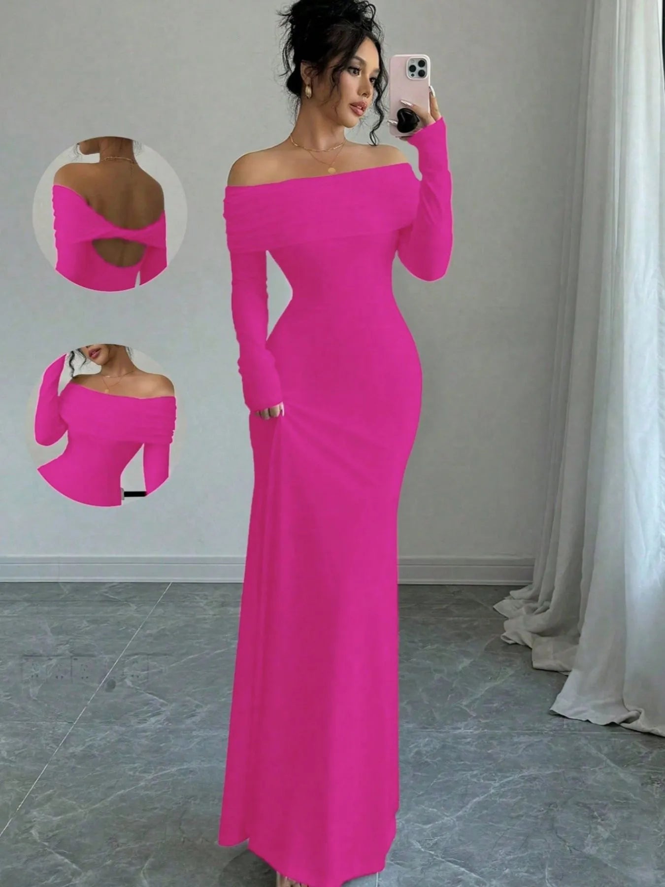 Off - Shoulder Long Sleeve Bodycon Maxi Dress