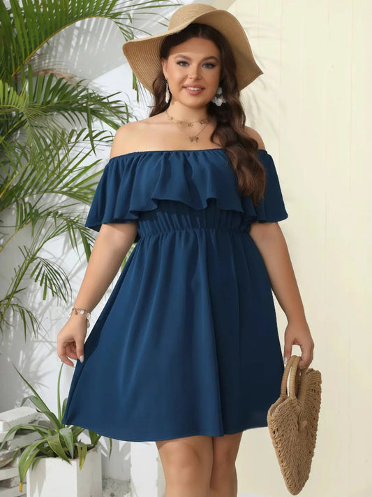 Off - Shoulder Ruffle Summer Dress with Elastic Waist