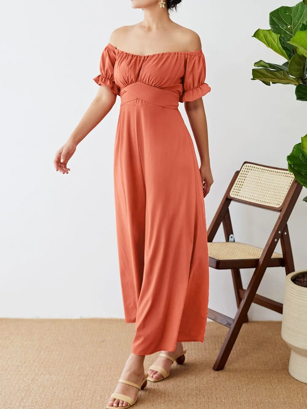 Off - Shoulder Short Sleeve Wide Leg Jumpsuit