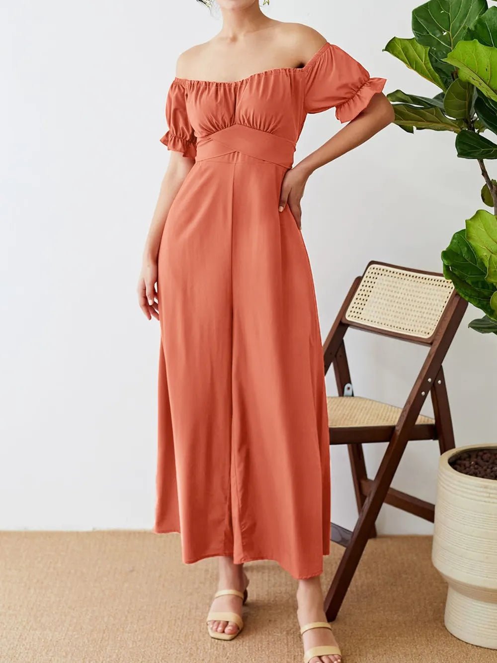 Off - Shoulder Short Sleeve Wide Leg Jumpsuit