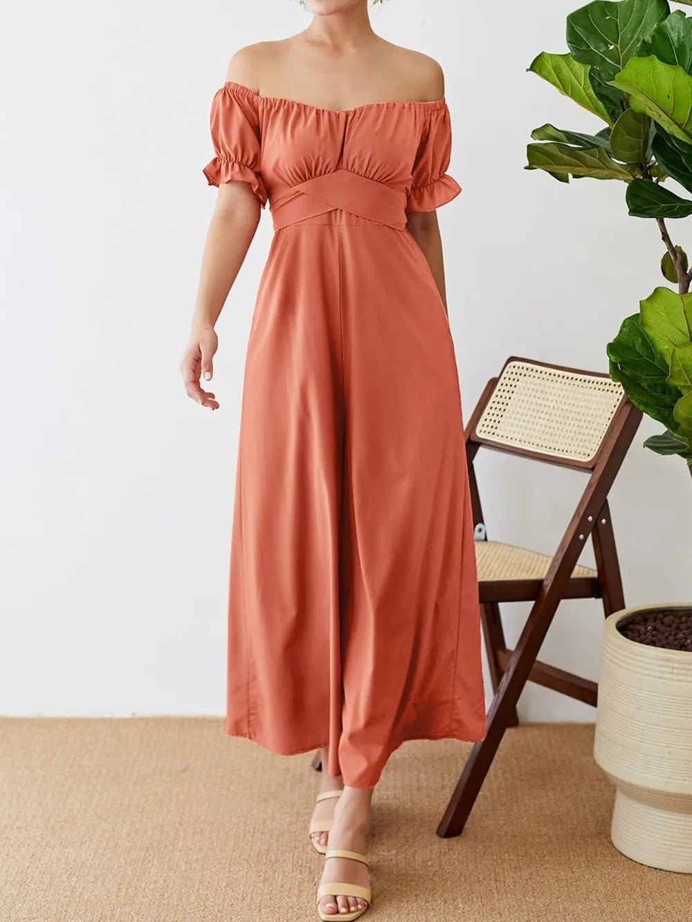 Off - Shoulder Short Sleeve Wide Leg Jumpsuit
