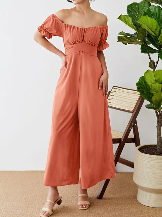 Off - Shoulder Short Sleeve Wide Leg Jumpsuit