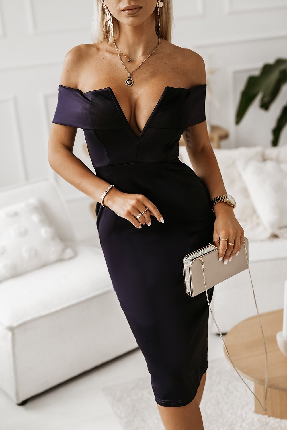 Off - Shoulder Zip - Back Slit Dress