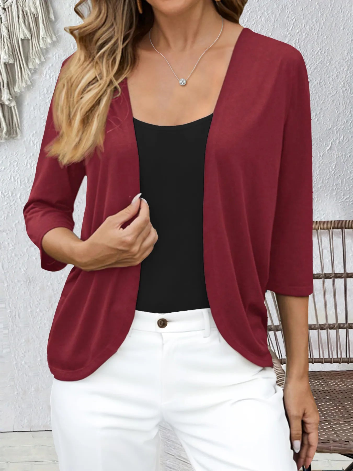 Open Front 3/4 Sleeves Cardigan