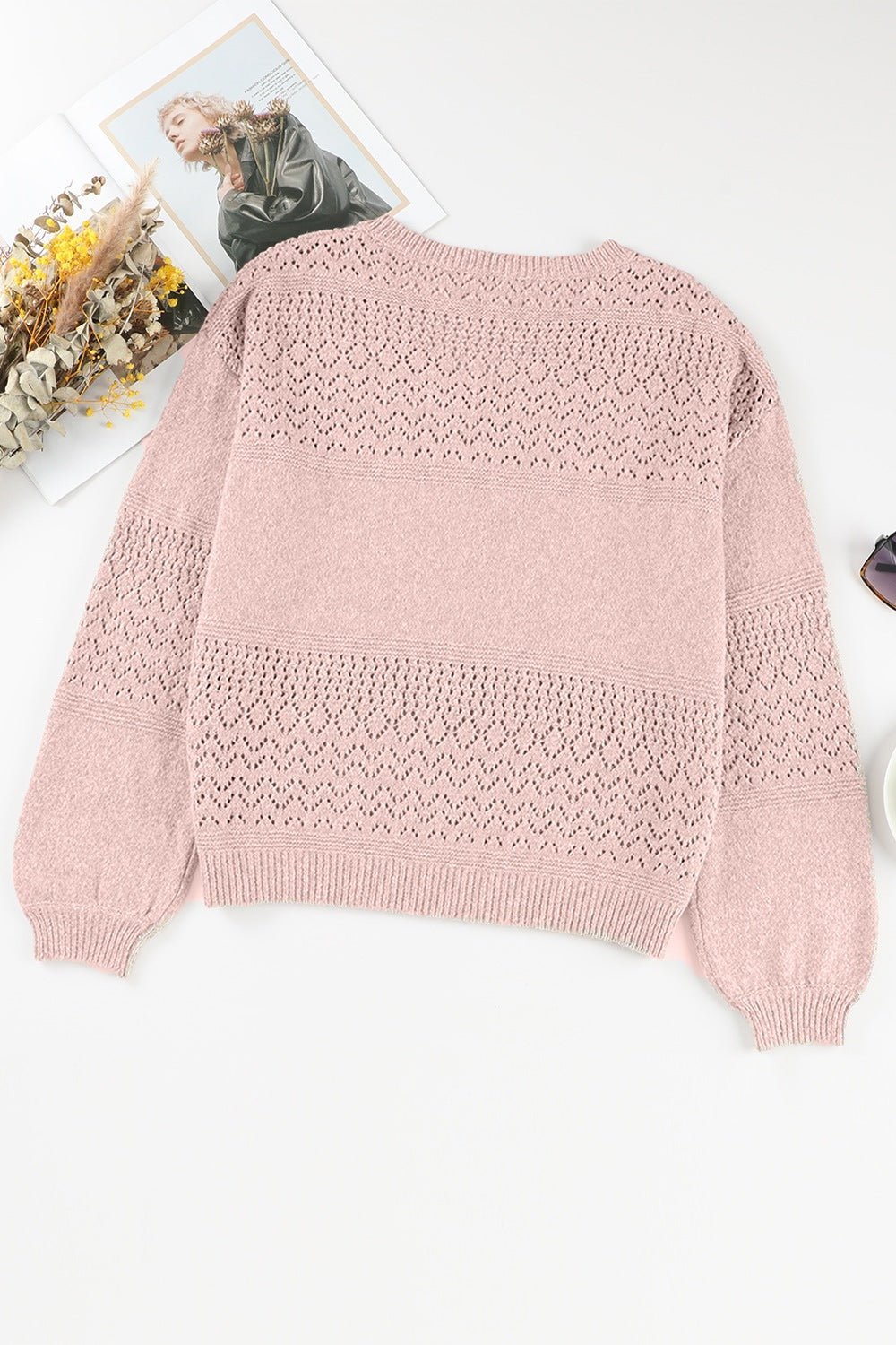 Openwork V - Neck Long Sleeve Sweater