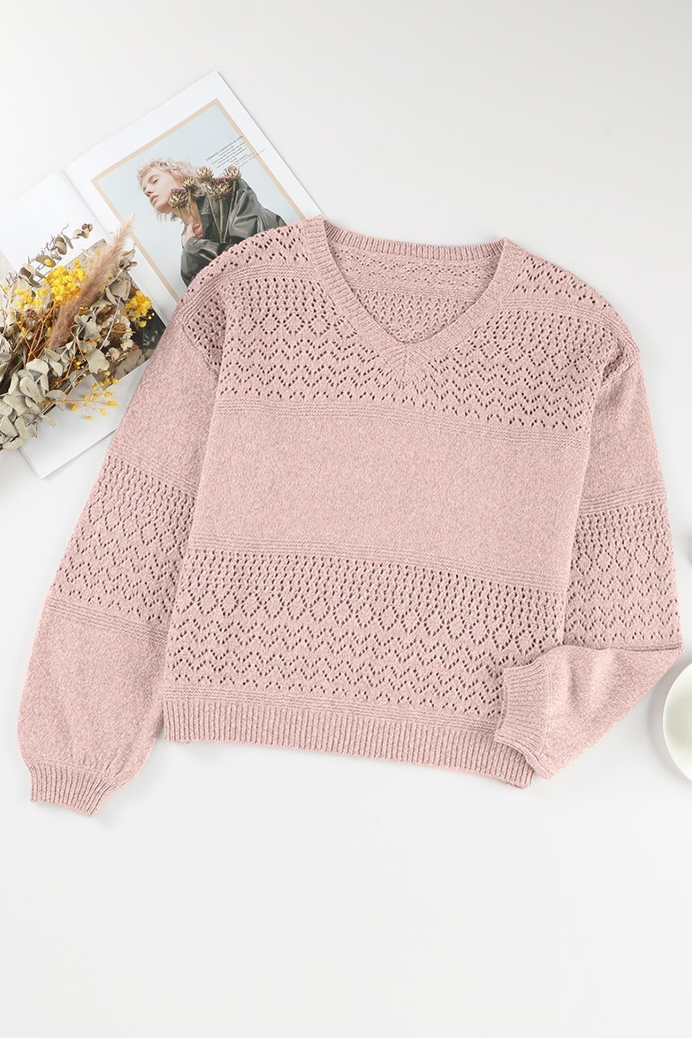 Openwork V - Neck Long Sleeve Sweater